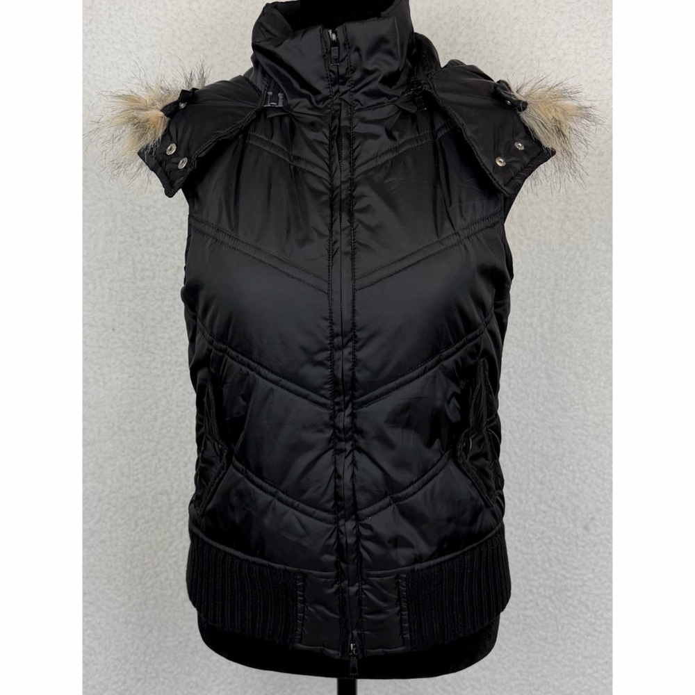 (VTG) FOREVER 21 • Black/Tan Y2K Quilted Zip-Up Vest w/ Faux Fur Trimmed Hood, S - Picture 9 of 15